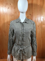 JOE FRESH Adult Women M MD Medium Long Sleeve Desert Green White Button Shirt Blouse Top Check Checkered