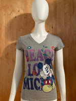 DISNEY "PEACE LOVE MICKEY" Graphic Print Adult T-Shirt Tee Shirt L Large Lrg Gray Shirt