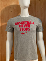 NIKE "BASKETBALL NEVER STOPS" DRI FIT Graphic Print Adult T-Shirt Tee Shirt M MD Medium Gray Shirt