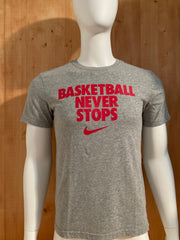 NIKE "BASKETBALL NEVER STOPS" DRI FIT Graphic Print Adult T-Shirt Tee Shirt M MD Medium Gray Shirt