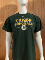 NIKE "CHICKS DIG THE LONG BALL" OKLAND A'S MLB BASEBALL Graphic Print Adult T-Shirt Tee Shirt L Lrg Large Green Shirt