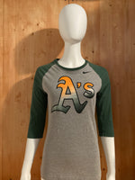 NIKE "A'S" OAKLAND ATHLETICS MLB BASEBALL SLIM FIT Graphic Print Adult T-Shirt Tee Shirt L Lrg Large Gray Three Quarter Sleeve Shirt