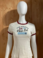 NIKE "ATHLETICS" 04 PHYS ED Graphic Print Girls T-Shirt Tee Shirt M MD Medium White Shirt