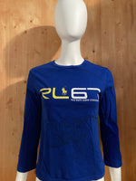 POLO RALPH LAUREN "RL67" Graphic Print Youth Unisex T-Shirt Tee Shirt M MD Medium Blue Long Sleeve Shirt