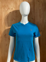 POLO RALPH LAUREN BLUE LABEL EMBROIDERED LOGO SMALL PONY Girls T-Shirt Tee Shirt M MD Medium Blue V Neck Shirt